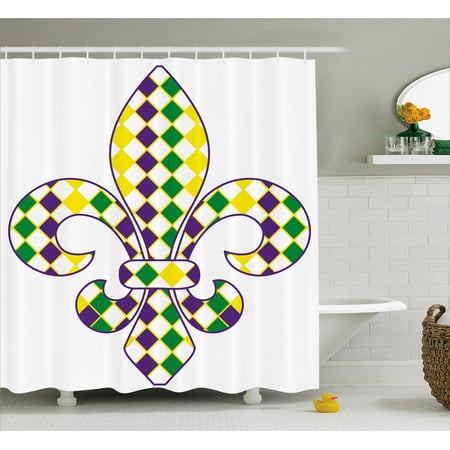 Lis Set - Mardi Gras Shower Curtain, Ancient Fleur De Lis with Traditional Festival Pattern Venetian Vintage, Fabric Bathroom Set with Hooks, 69W X 70L Inches, Purple Green Yellow, by Ambesonne