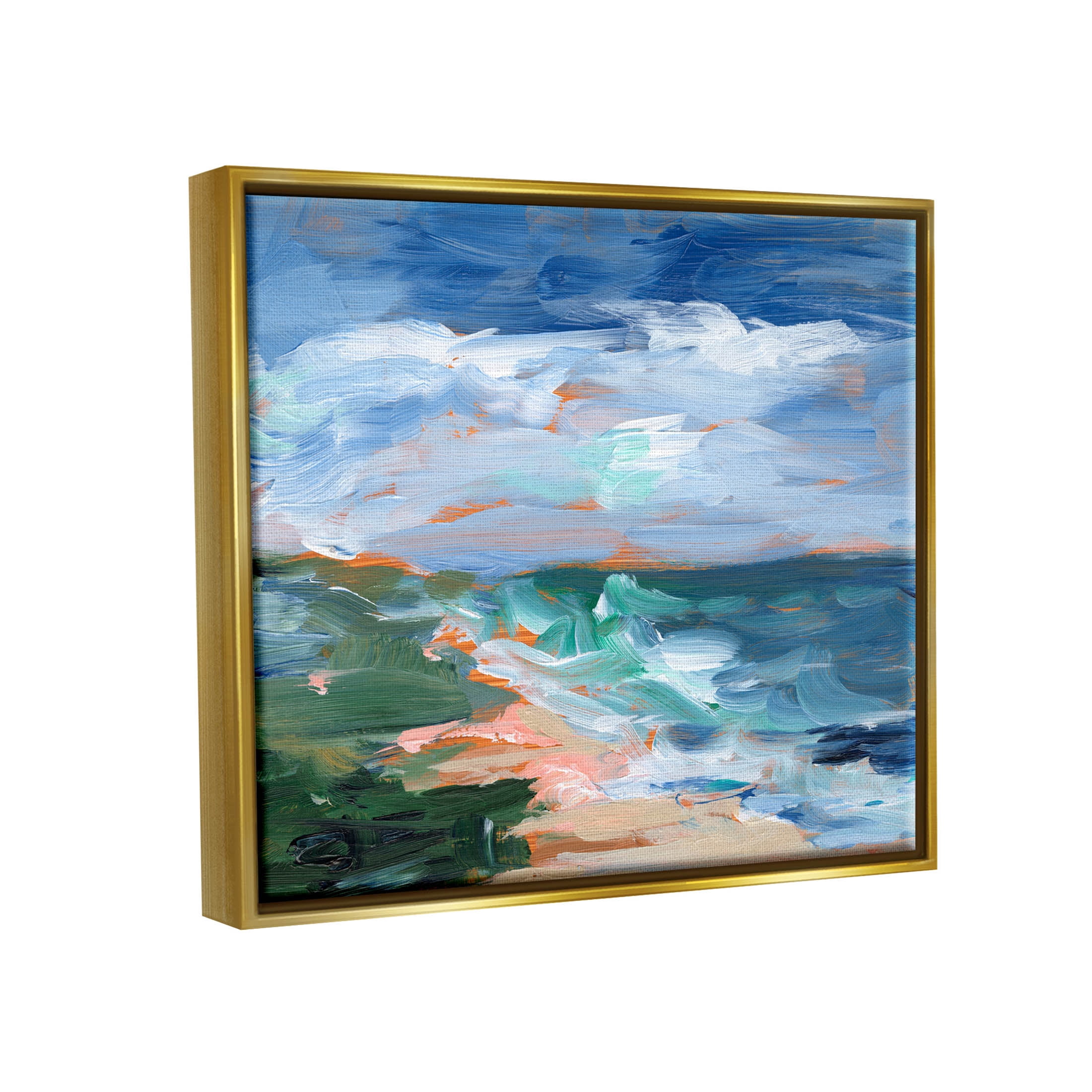 Crashing Beach Waves Abstract Scene Landscape Painting Metallic Gold Framed Art Print Wall Art