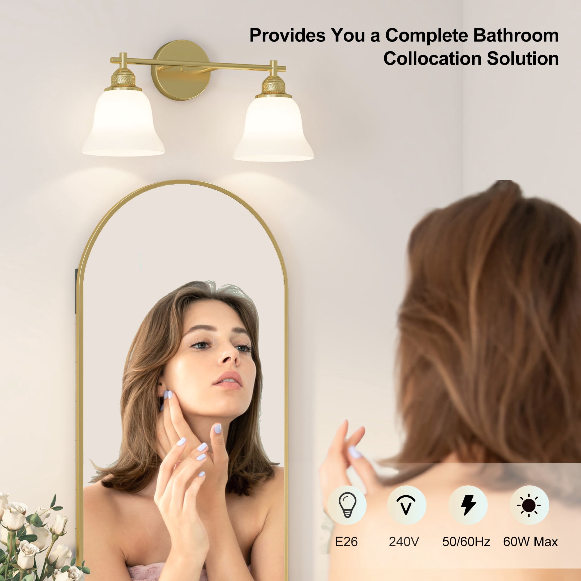 Hironpal 2-Light Bathroom Light Fixtures, Bathroom Vanity Light with White Glass Shade over Mirror Cabinet,Brushed Brass