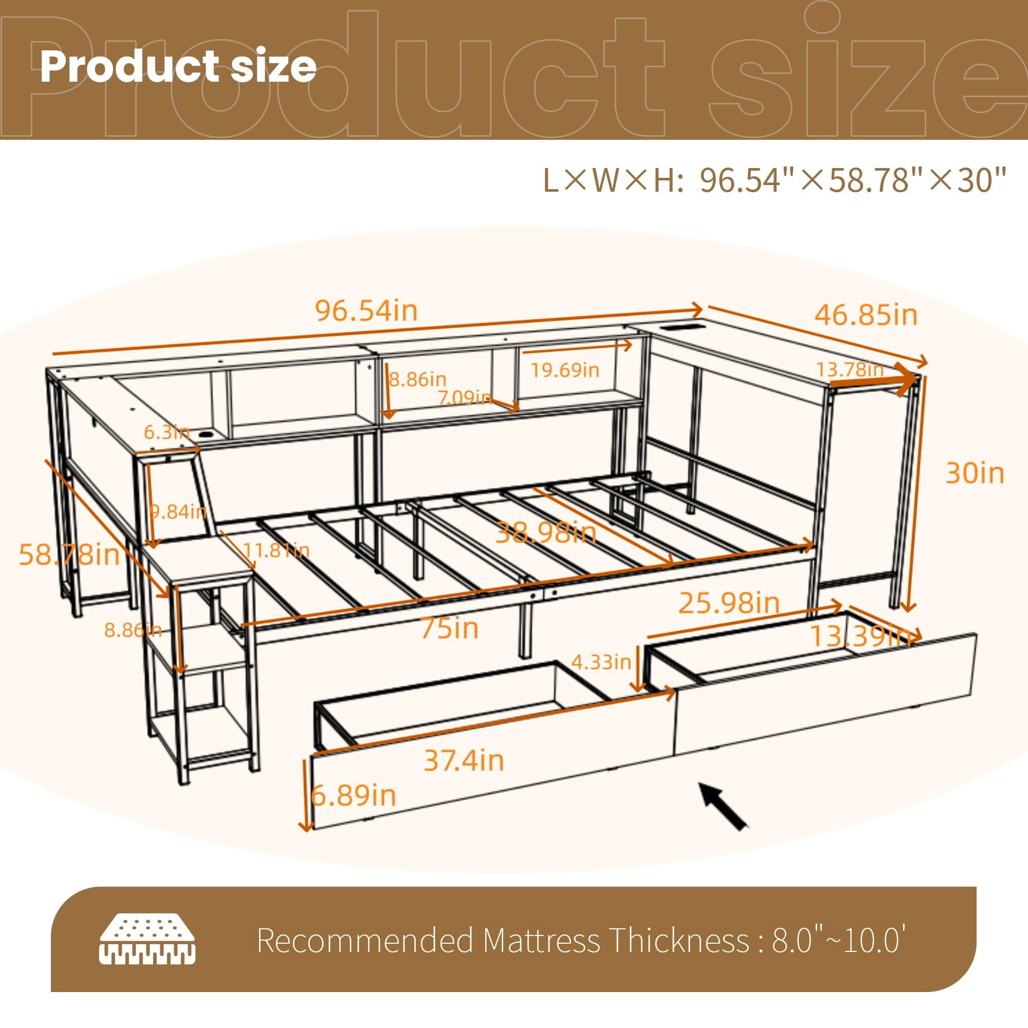 Miniyam Twin Size Daybed with LED Lights, Desk, Charging Station, Storage Drawers, Shelves and Flip-Up Headboard for Teens, Black