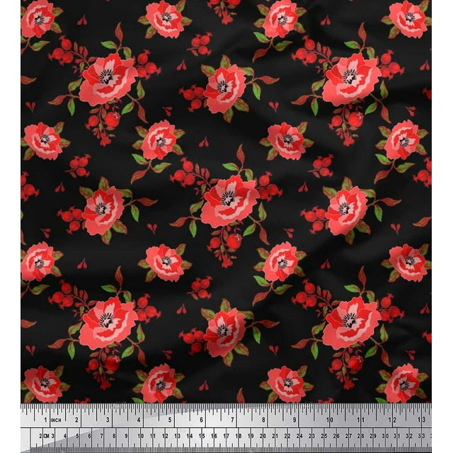 Soimoi polyester Crepe Fabric Leaves & Carnation Floral Printed Fabric 1 Yard 52 Inch Wide