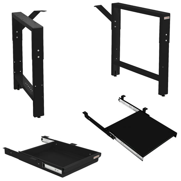 Garage Workbench Table Frame 20" Depth and Pullout Shelf and 2" High Drawer Kit - Height Adjustable 29" to 35" - Black