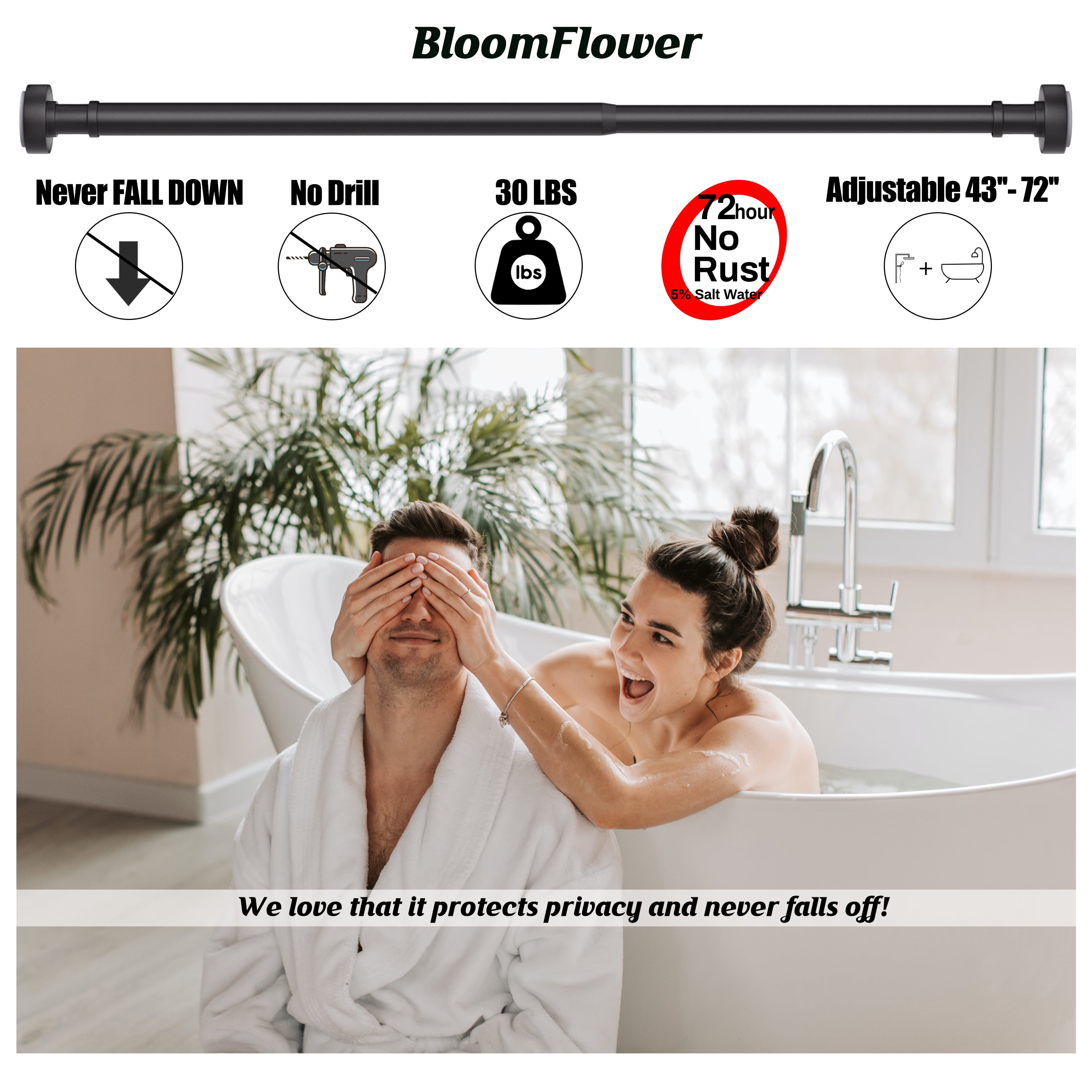 BloomFlower Black Shower Curtain Rod,43''-72'',Never Rust,Never Slip,No Drill,Matte,Adjustable Tension Metal Rod