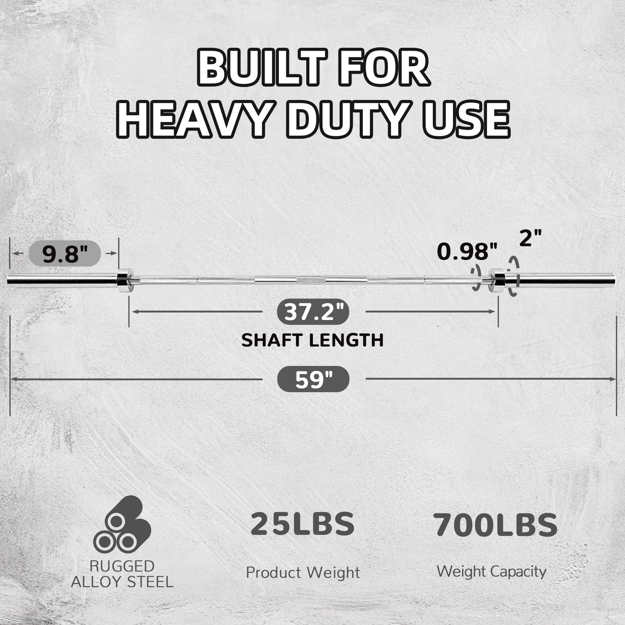 FlexWave Olympic Barbell，5FT, 2-Inch Diameter, 700LB Capacity, Silver, for Powerlifting & Weightlifting