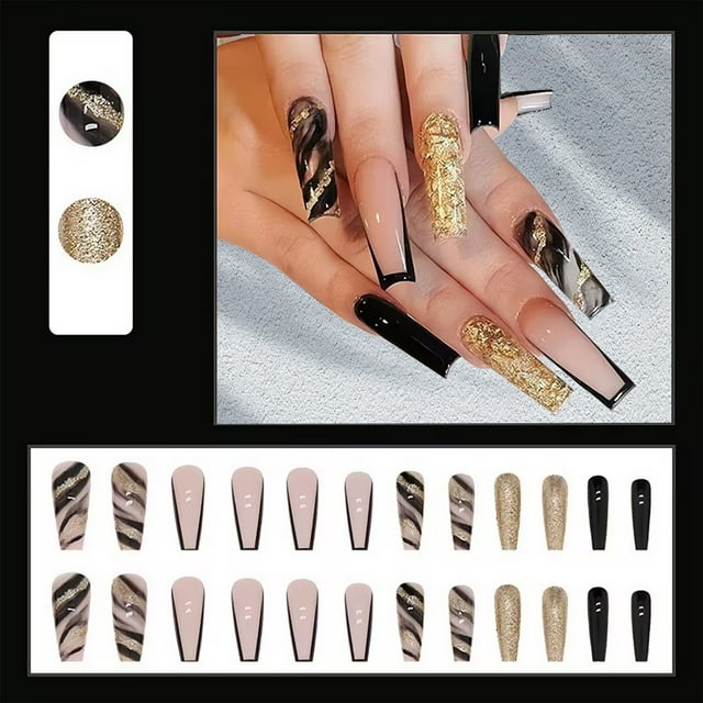 Fiudx Uñas Postizas de Longitud Media, 24 Tabletas con Diseño, Set de Uñas Adhesivas para Mujer (1 Ml)