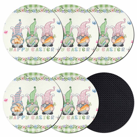 Easter Coasters Set of 6, Absorbent Coasters for Drinks, Spring Gnomes Floral Bunny Eggs Green Lattice Coaster for Desk Coffee Table Protection, Home Decor House Warming Gifts 4"