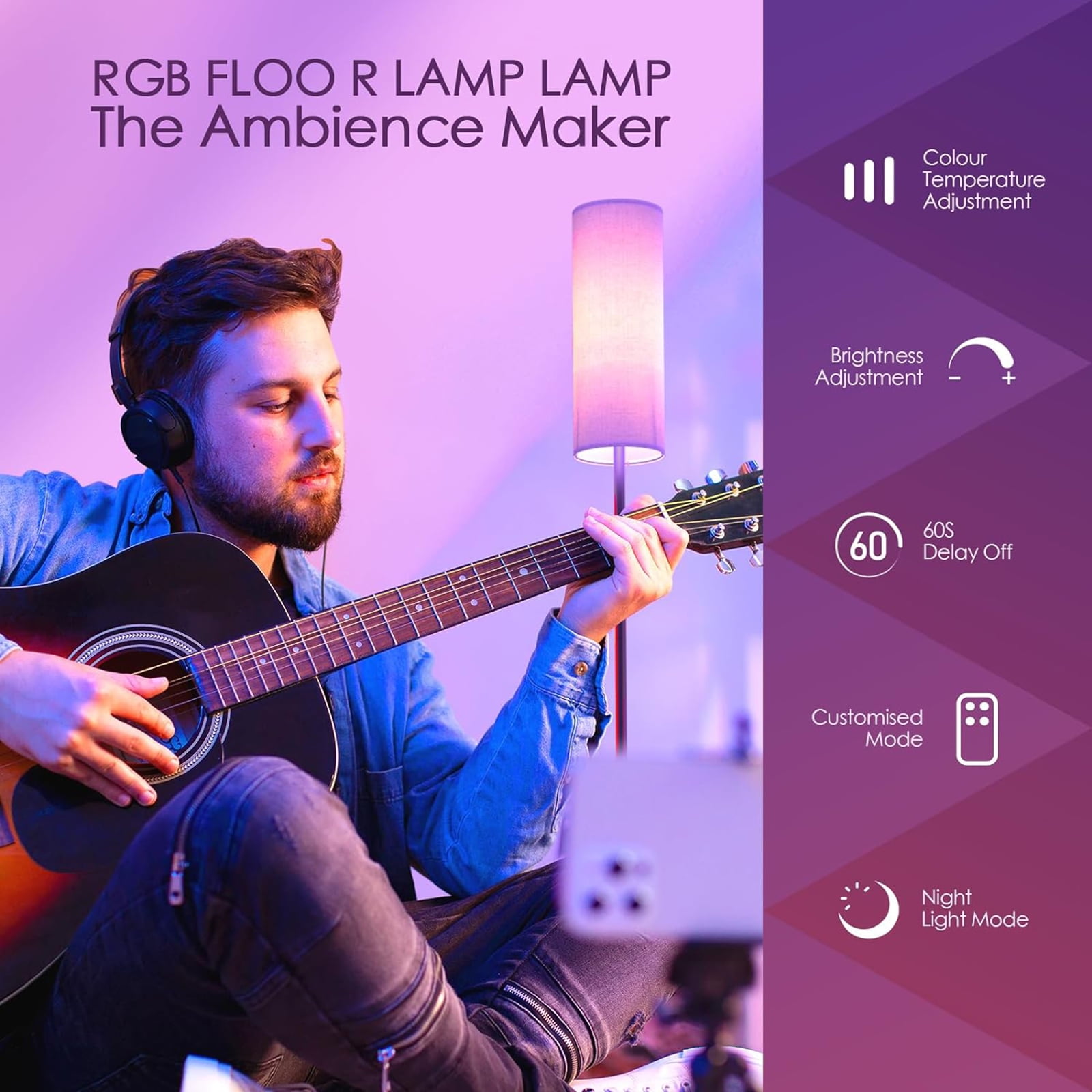 Neoglint Modern RGB Floor Lamp, Tall Dimmable Standing Light with App & Remote Control for Living Room, Bedroom, Office
