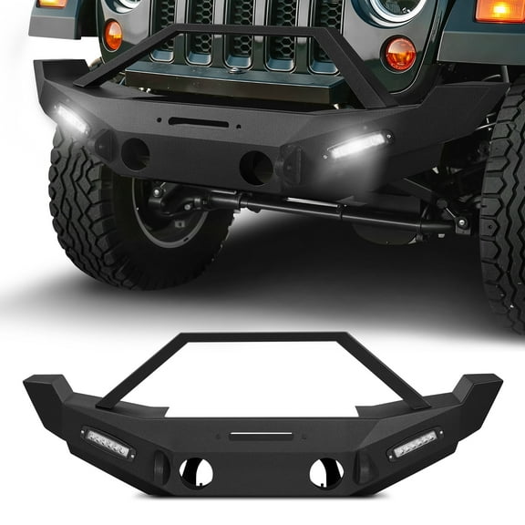 VEVOR Front Bumper Compatible with 2007-2018 Wrangler JK/JKU, Heavy-Duty Steel Front Bumper with 2PCS LED Light Bars, Winch Plate, Fog Light Housing and D-Ring Mounts