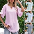 thumbnail image 4 of Camiseta informal para mujer, manga acampanada de encaje, pompón, camiseta holgada de manga corta co Abanopi Azul/Medio, 4 of 7