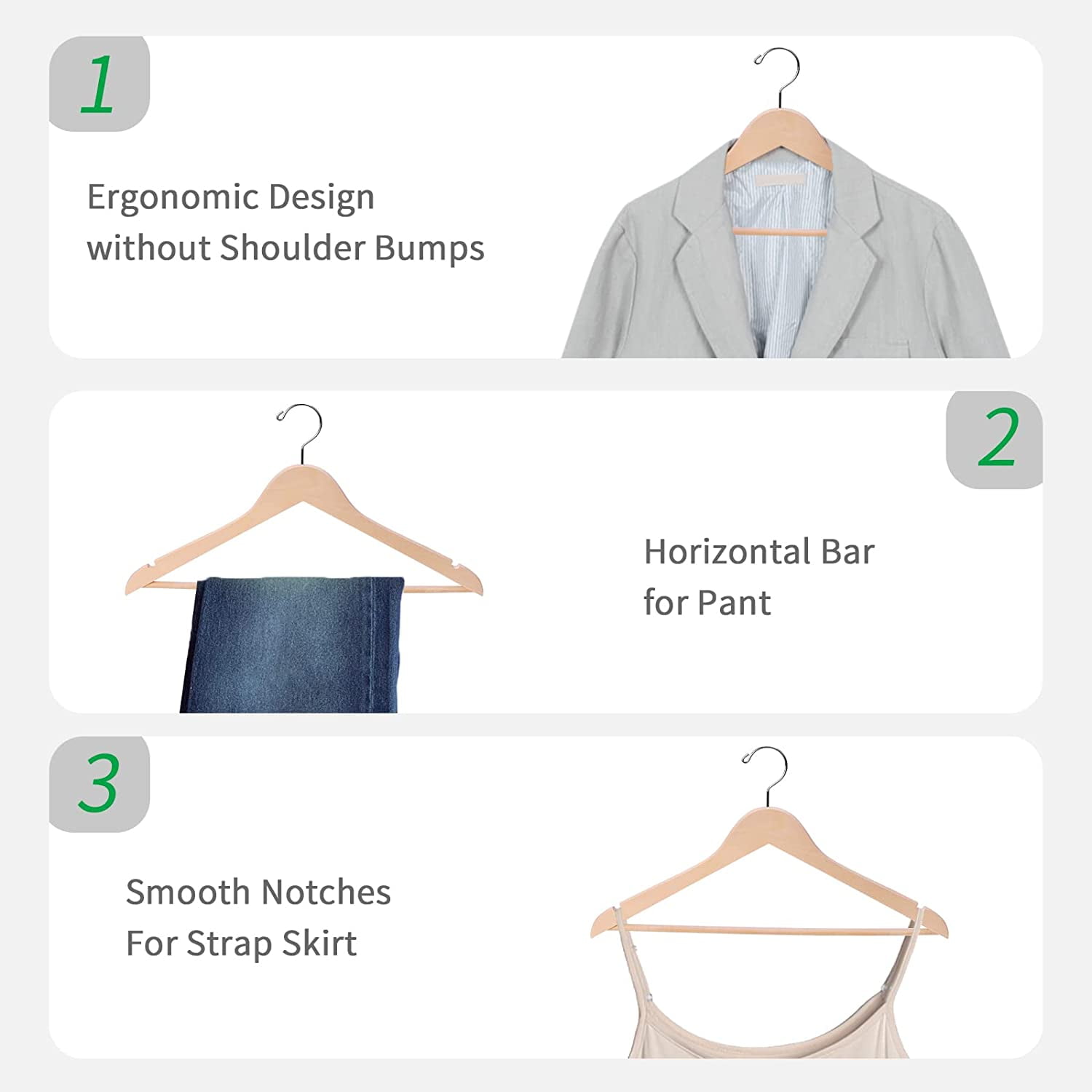 Premium Unfinished Solid Wooden Clothes Hangers 20-Pack with Smooth Notches, Rotating Hook for Coats and Jackets