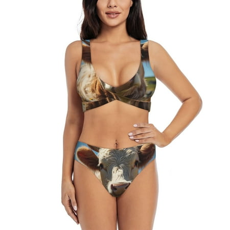 Zeuib Prairie Flower Cow High Waisted Tummy Control Bikini Set - Knot Front Push Up Top & Cheeky Thong Bottom  Two-Piece Swimsuit for Women-XX-Large