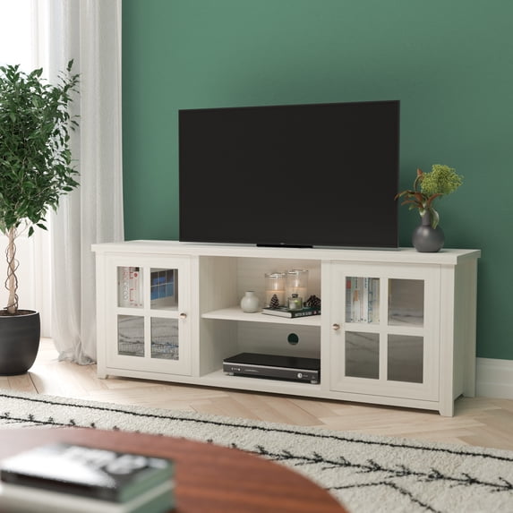 Emma + Oliver Chloe TV Stand for up to 80" TV's in White Birch Finish - 65" Media Console with Window Pane Style Glass Doors & 3 Adjustable Shelves