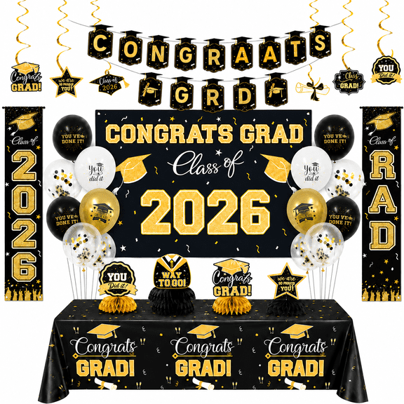 2026 Graduation Decorations, Black and Gold Graduation Party Decorations Set with Balloons, Backdrop, Banner and Table Decor, Class of 2026 Grad Party Supplies