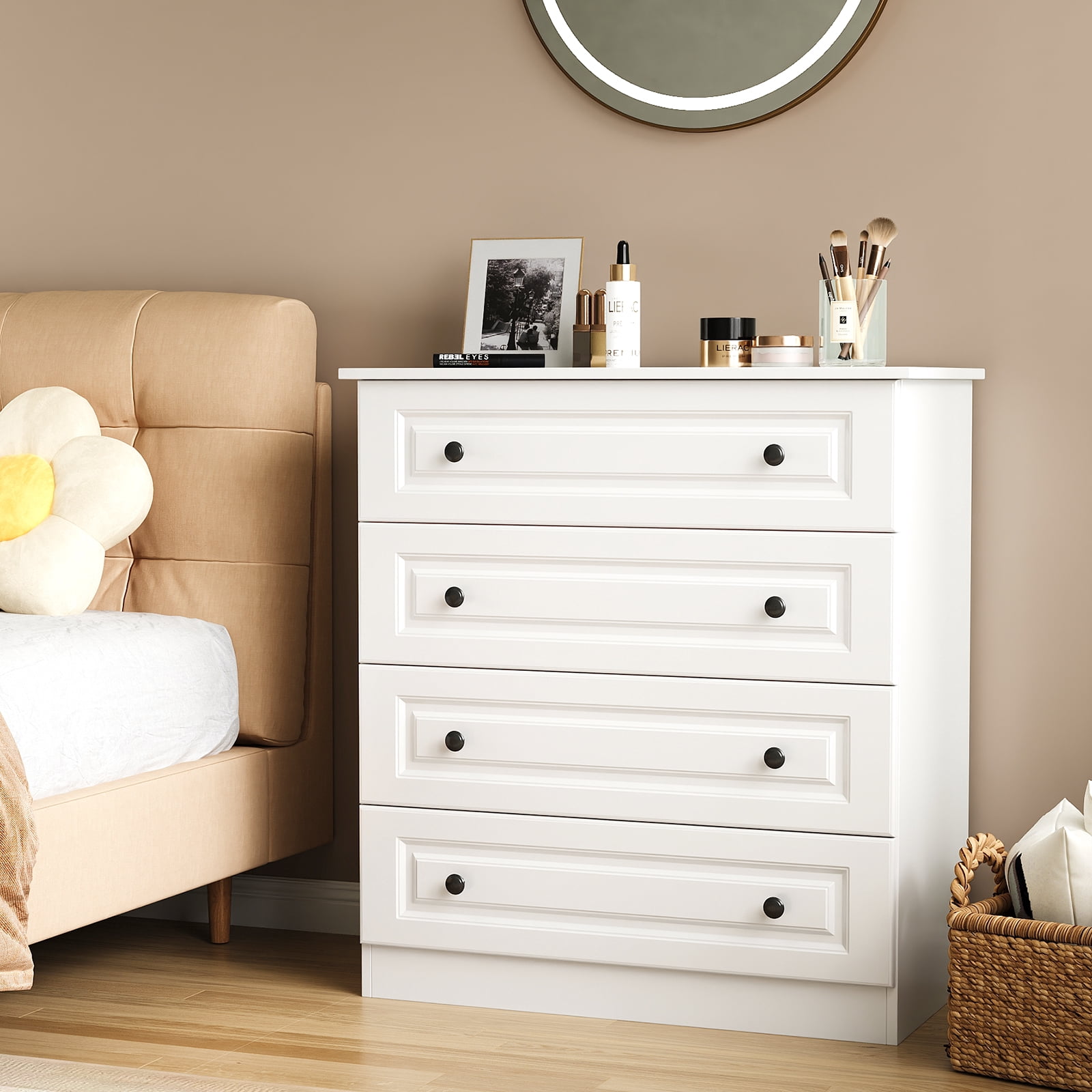 IDEALSOUL 4 Drawer Dresser, White Dresser for Living Room, Bedroom