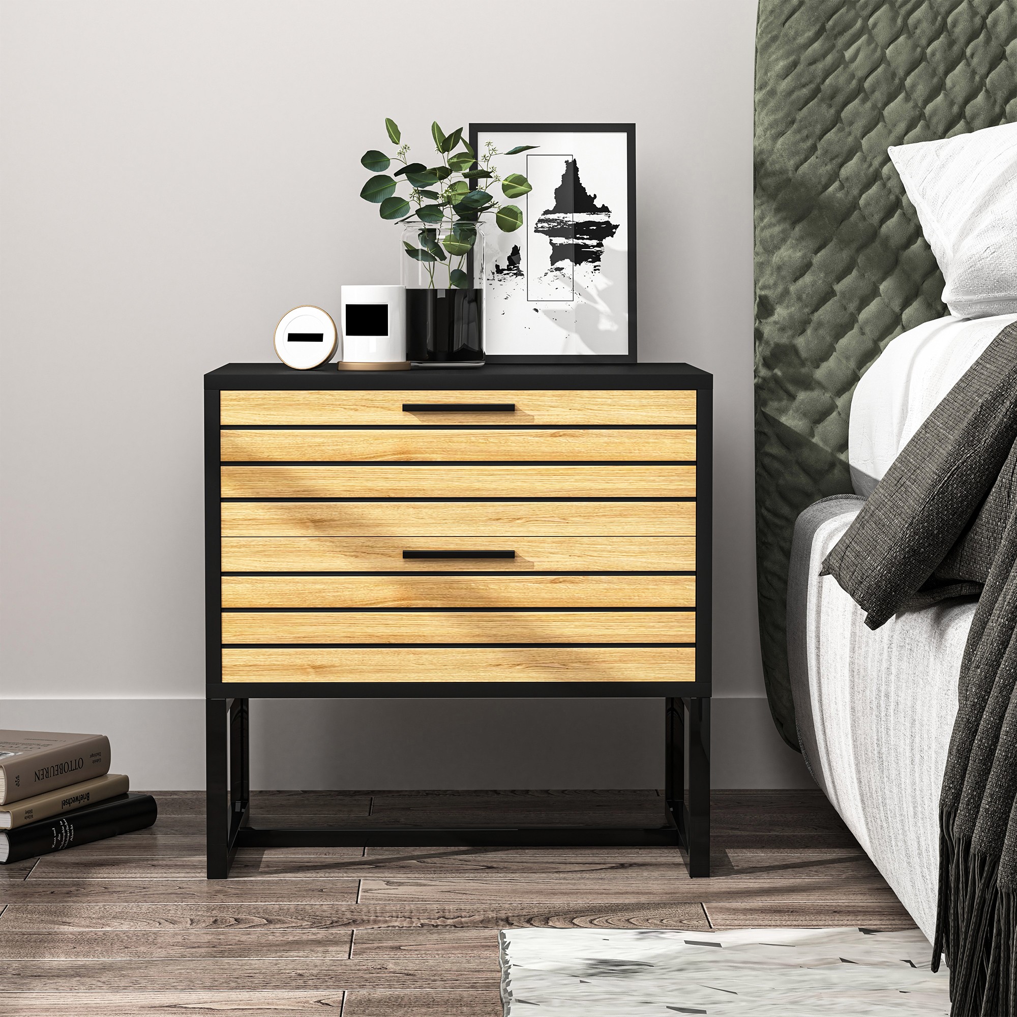 Finihen Modern Nightstand, Side Table with 2 Drawer, Accent Bedside End Table with Metal Legs for Bedroom, Dorm and Small Spaces, Black Finihen Modern Nightstand, Side Table with 2 Drawer, Accent Bedside End Table with Metal Legs for Bedroom, Dorm and Small Spaces, Black