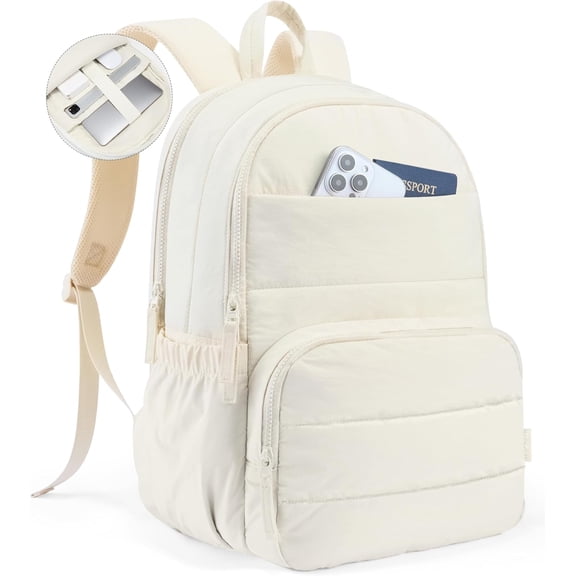 OKYWHOP Travel Backpack for Women, 15.6 Inch Laptop Backpack, Quilted College Bookbag, Cute Work Backpacks, Water Resistant (Beige)