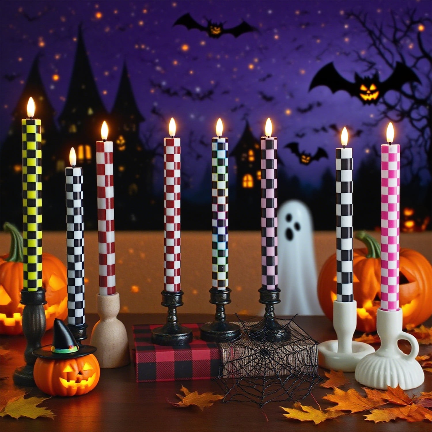 3PCS Flameless Taper Candles with Printed Pattern of Squared,10 Inch LED Candlesticks 3D Flickering Flame Candle Lights with Remote for Halloween Centerpieces Dinner Table Home Party Decor