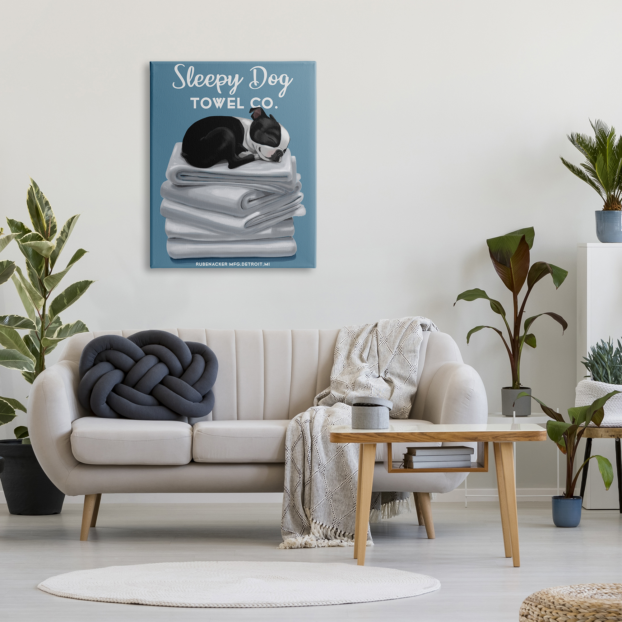 Stupell Industries Sleepy Dog Towel Co. Adorable Boston Terrier Bathroom, 30 x 40, Design by Brian Rubenacker