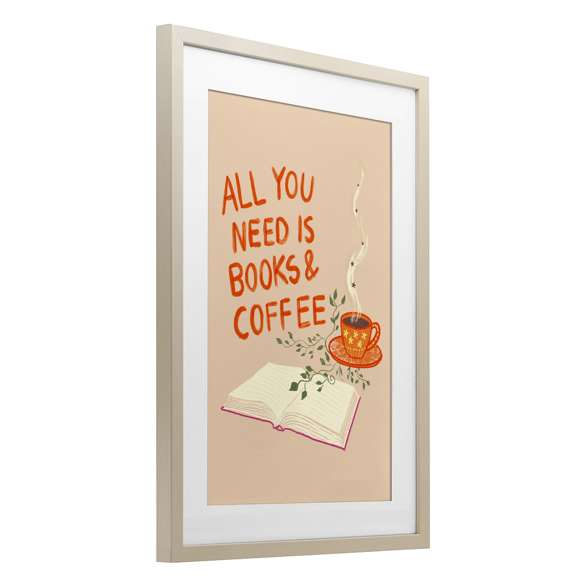 Need Books & Coffee Birch Framed Print Under Glass, design by Florentina Dolci