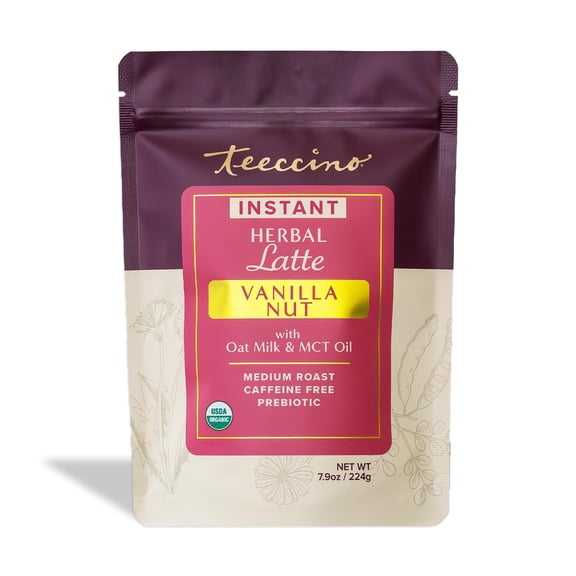 Teeccino Organic Instant Vanilla Nut Herbal Latte – 14 Servings – Creamy Oat & Coconut Latte Plus MCT Oil with Vanilla & Dates Accenting Roasted Chicory – 7.9 ounces