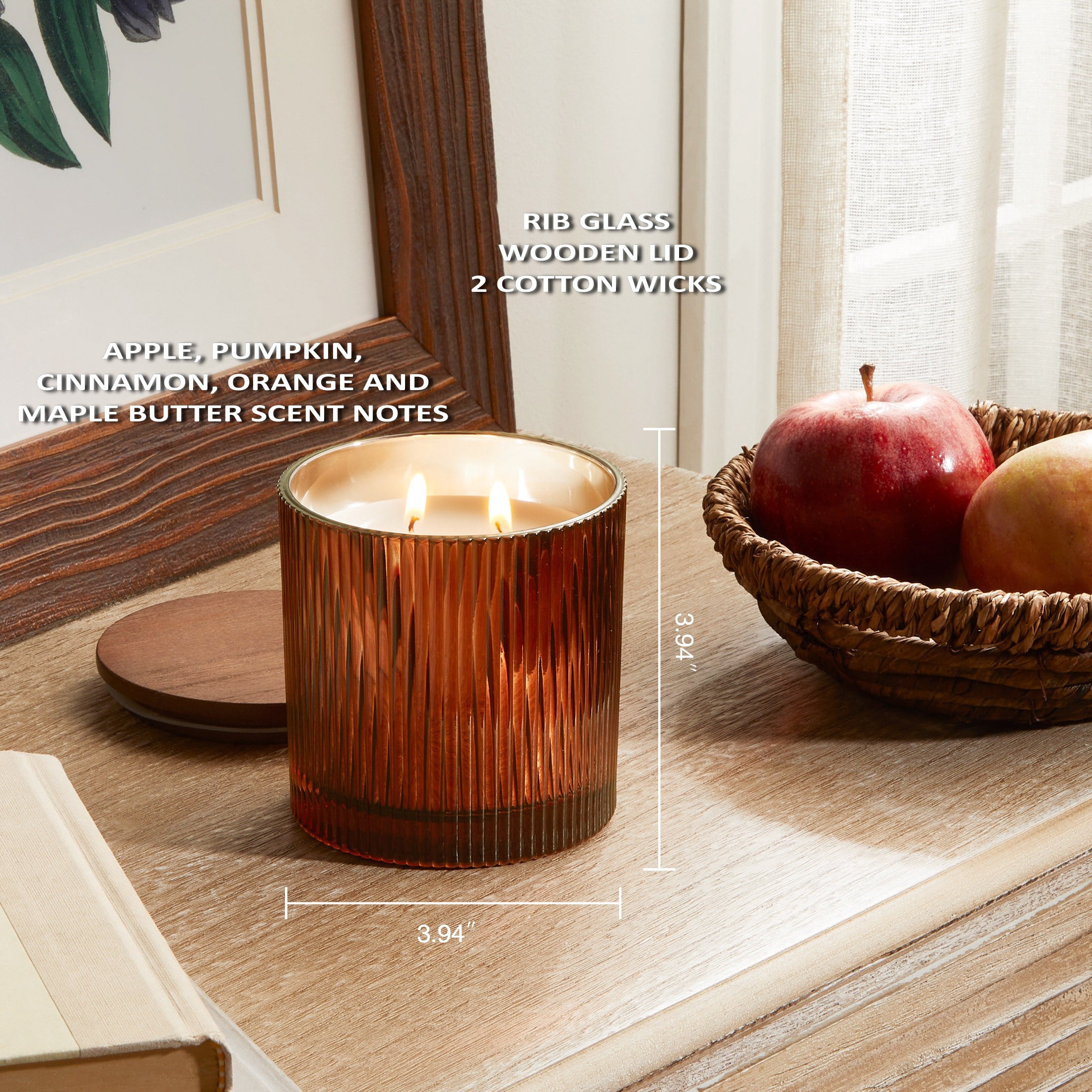 Better Homes & Gardens Farm Apple Pumpkin Scented Cotton 2-Wicks Ribbed Mecury Glass Jar Candle with Wooden Lid 12oz