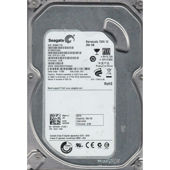 ST3250312AS, 5VM, WU, PN 9YP131-516, FW JC45, Seagate 250GB SATA 3.5 Hard Drive