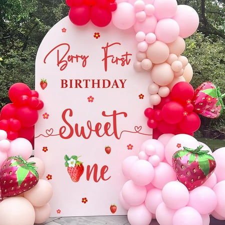 

Berry First Birthday Backdrop Decals Sweet One Birthday Party Sign for Balloon Arch Strawberry 1st Birthday Decorations Berry First Birthday Party Supplies Baby Girls Birthday Photo Background Sticker