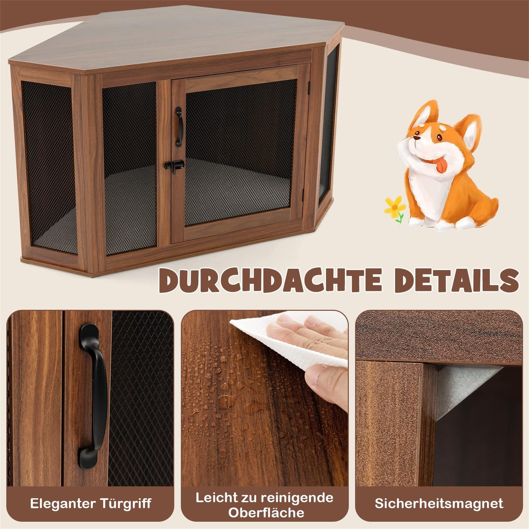 Kadyn 45" Dog Crate Furniture for Small Dogs with Door Lock and Cushion, Corner Fence Dog Cage for Indoor Dogs, Brown