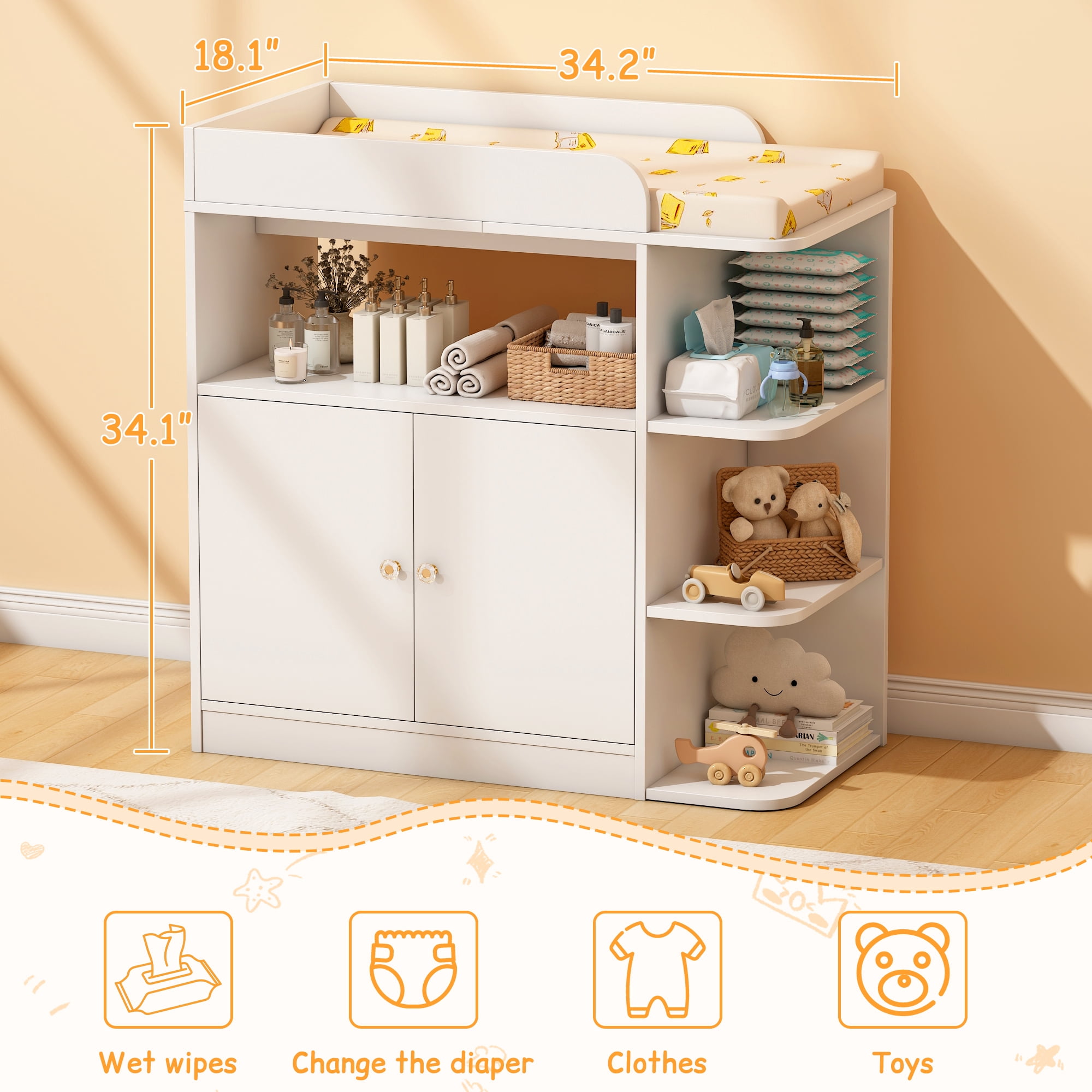 makeapile dresser with changing table,Nursery 4 Open Shelves Plus Double-Door Cabinet, Multifunctional baby changing table, White
