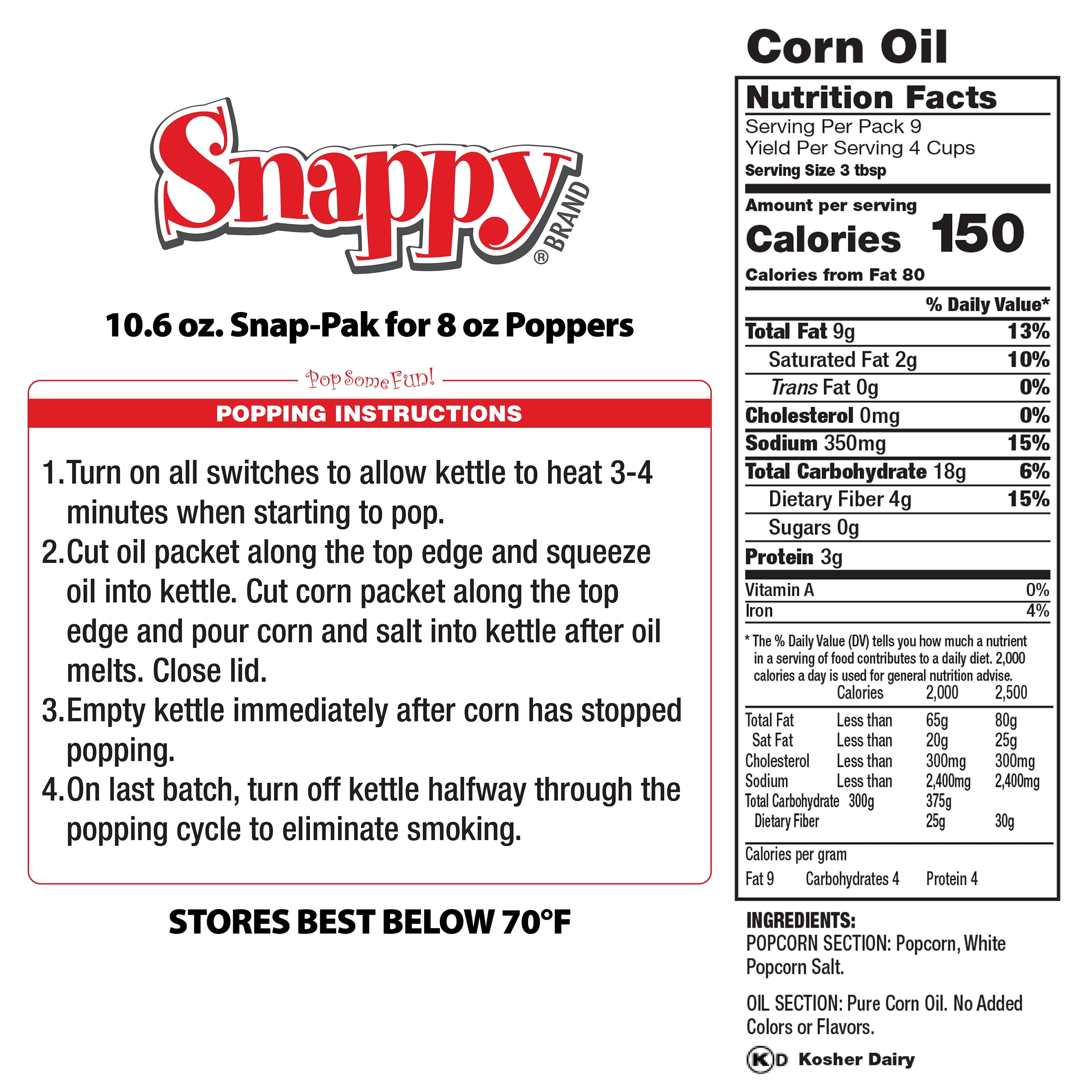Snappy Snap-Paks All in One White Popcorn Portion Packets for 8 oz Popping Machine, Kernels, Oil, and Salt, 24 Count