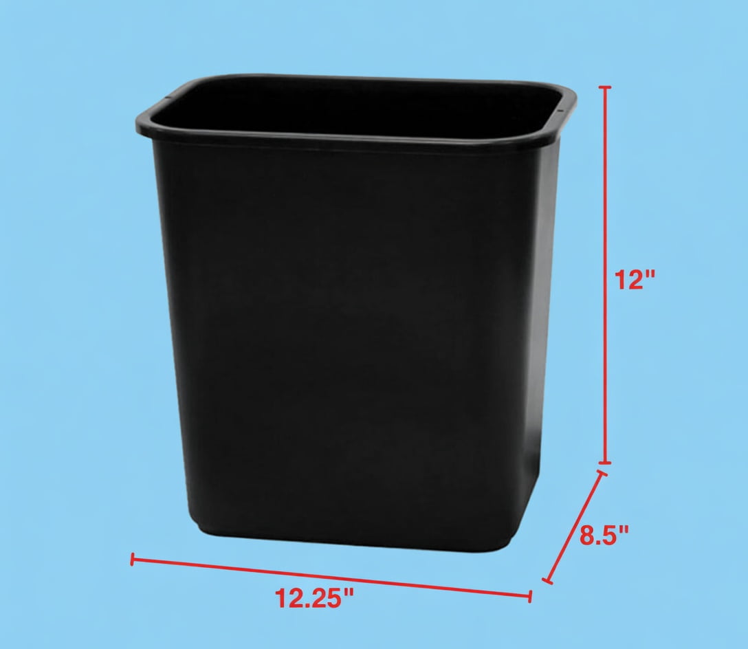 3.25 Gallon (13 Quart) Black Rectangular Plastic Open Top Wastebasket Trash Can - Durable Garbage Bin for Bathroom, Bedroom, Office and Home