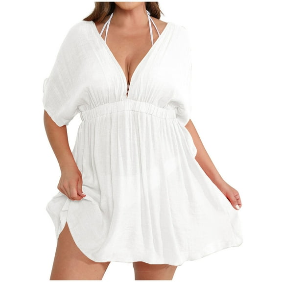 FAIWAD Womens Beach Dress Plus Size V Neck Cover Up Dress Summer Short Sleeve Going Out Mini Dresses