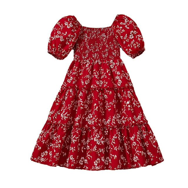 Robe pour Grande Fille Taille 6t Vêtements pour Filles Robe à Manches Courtes à Imprimés Floraux pour Tout-Petites Robes de Danse et de Fête Vêtements pour Filles Vêtements pour Filles (Rouge, 8-9 Ans)