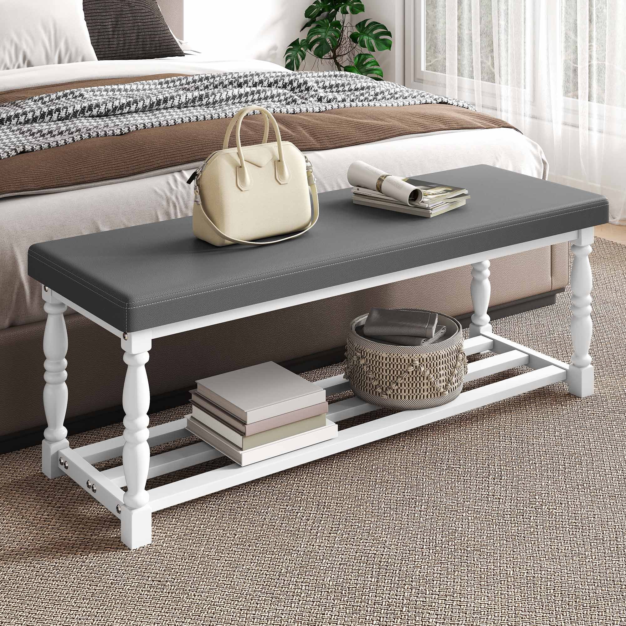 Uforic 48" Rectangular Shoe Bench with Shelves, Storage & Cushioned  Seat,Shoe Rack with Roman Style Legs - White & Gray