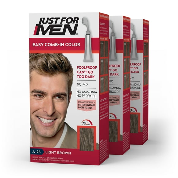 Just For Men Easy Comb-In Color (Formerly Autostop) Mens Hair Dye, Easy No Mix Application - Light Brown, A-25, 3 Pack
