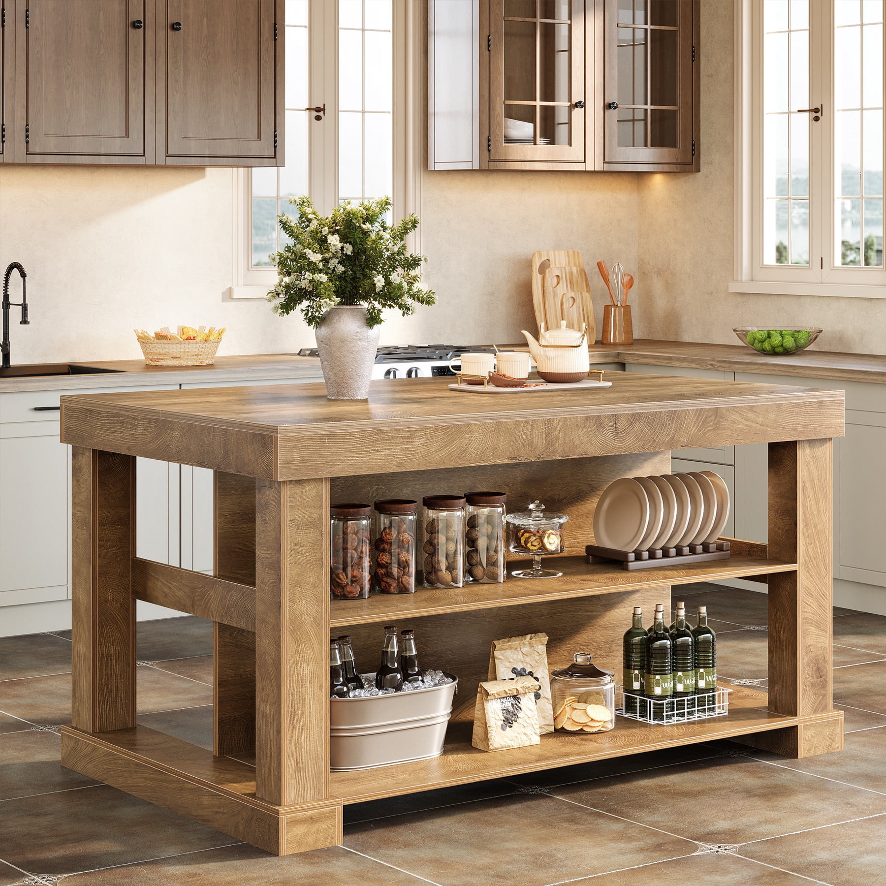Finmind Kitchen Island with 3 Shelves, 55-Inch Kitchen Shelf with Large Worktop, Stable Wooden Structure, Farmhouse Style, Light Brown