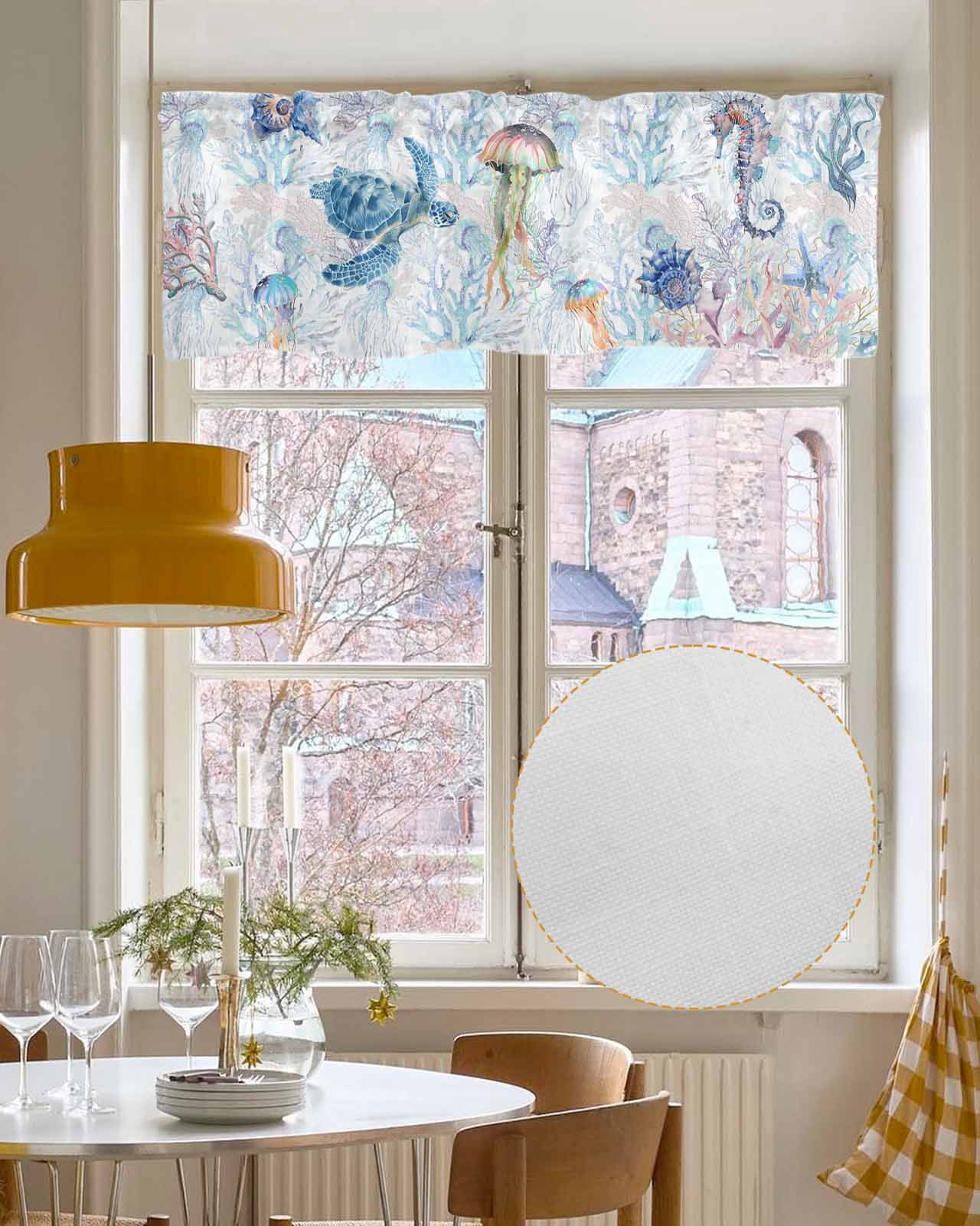 Blue Coastal Turtle Linen Curtain Valance for Bedroom/Bathroom/Kitchen/Office/Living/Dining Room Window,Coral Jellyfish Sea Horse Conch Pocket Topper Drapes Decorative Cafe Drapery Panel 54"x18"