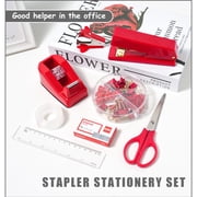 Red Desk Accessories 9 Pcs, Stapler, Staple Remover, Staples, Tape Dispenser, Tape, Clips Set, Scissor, Ruler, Red Office Supplies