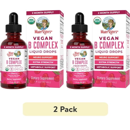 (2 pack) MaryRuth's Vegan Vitamin B Complex Liquid Drops, Cherry Flavor, Non-GMO, USDA Organic, 1 fl