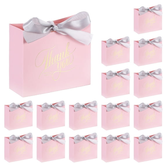16Pcs  Thank You Gift Bags  with Silvery Ribbons for Graduation Wedding  Pink