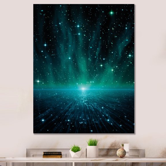 Designart "Interstellar Gaze in Green and Black" Astronomy & Space Canvas Wall Art - Global Black Planets Entryway Wall Art Print