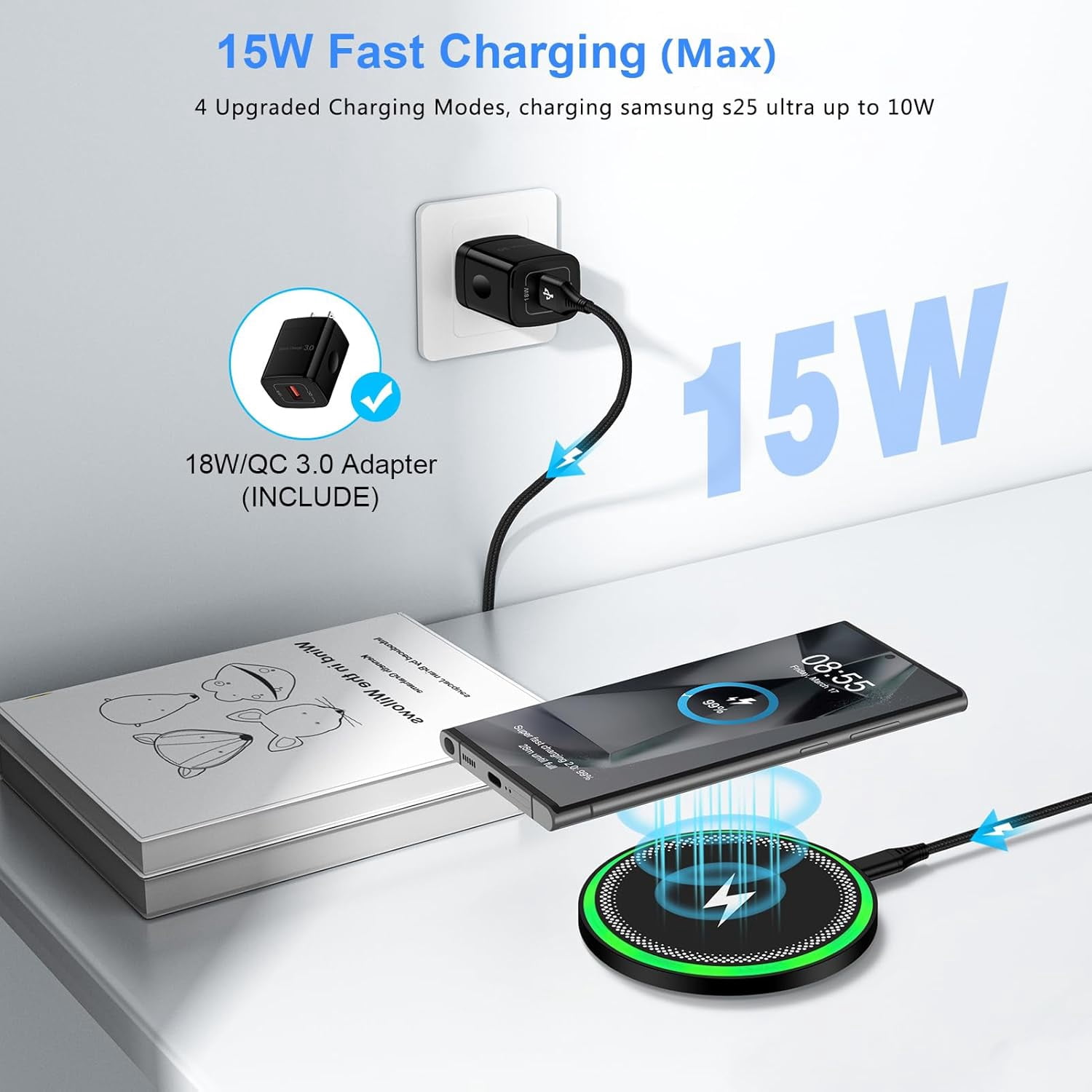 15W for Google Wireless Charger Fast Charging Pad for Google Pixel 10 10 Pro 10 Pro XL 9A 9 Pro XL Fold 8 7 6 Pro 8A 6 Pro, Wireless Phone Charger Android for Samsung Galaxy S25 Ultra with QC Adapter