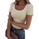 thumbnail image 3 of Roselux Camisetas de verano de manga corta con cuello redondo para mujer, de punto acanalado, ajustadas, informales, básicas, 3 of 5