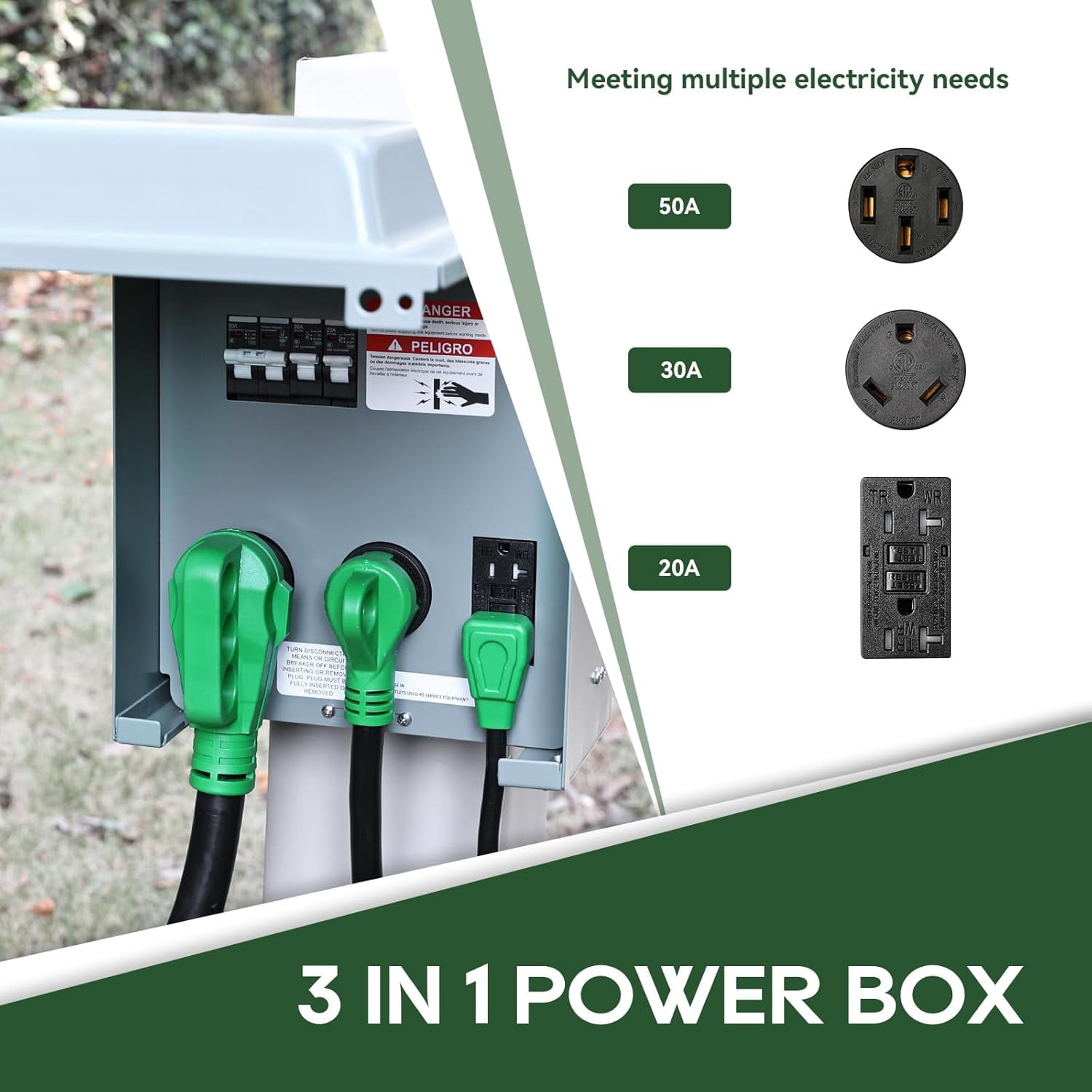 RVGUARD RV Temporary Power Outlet Panel with Breaker, ETL Listed 20 30 50 Amp RV Receptacle, Type 3R RV Electrical Outlet Panel with 20 Amp 90 Degree Adapter Cord for RV, Camper, Travel Trailer