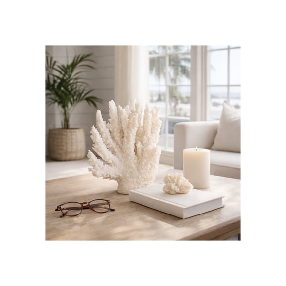 Coral Reef Figurine for Home Decor - Coastal Resin Sculpture for Bathroom Counter, Office, Study, and Living Room Decor - Ornament Accents for Shelf and Coffee Table Styling - 10", White