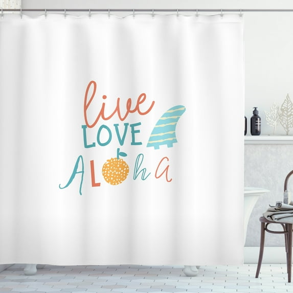 Ambesonne Beach Saying Shower Curtain, Live Love Aloha Fruit, 69"Wx84"L, Vermilion Pale Blue