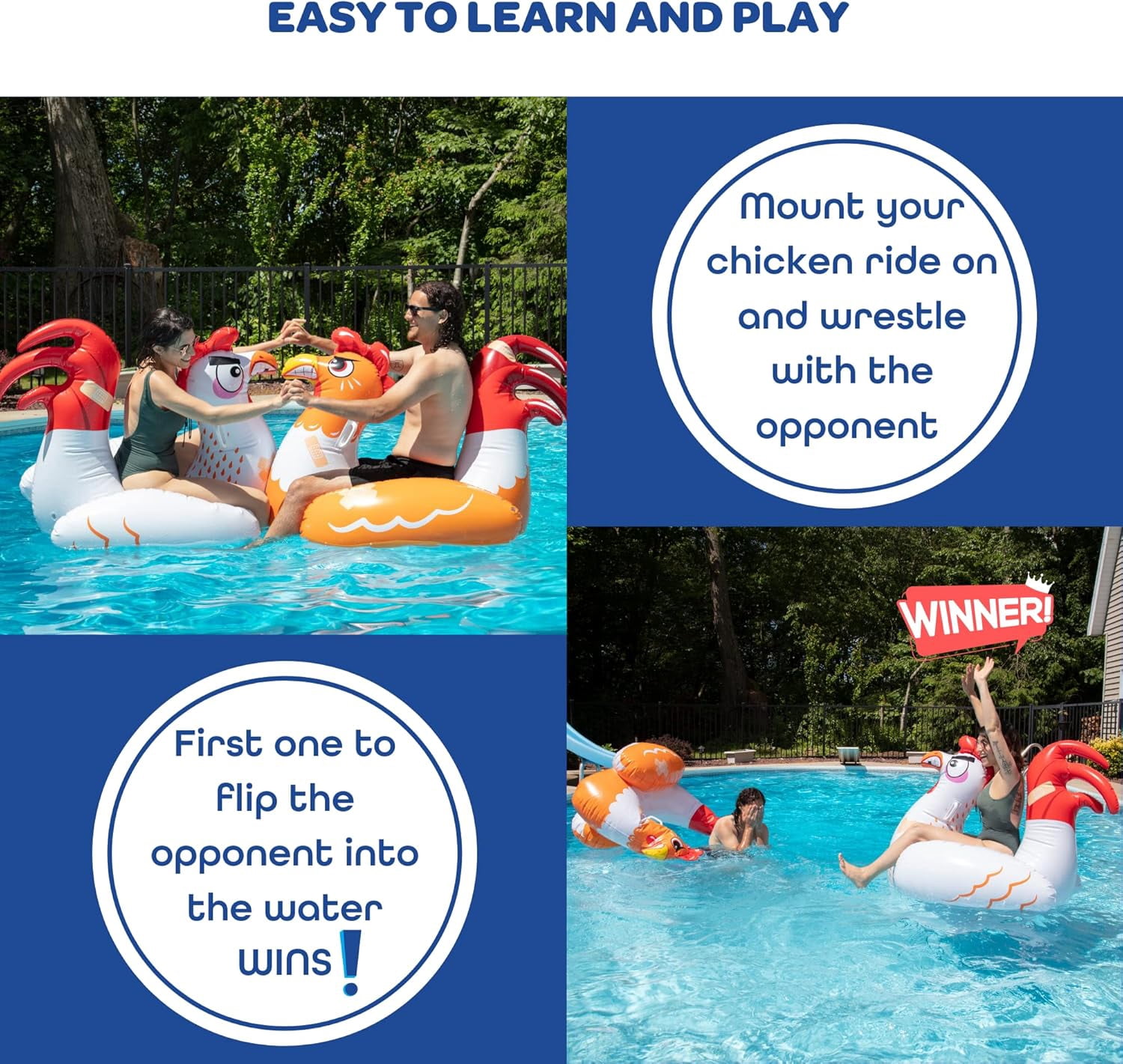 Chicken Fight Inflatable Pool Float Set - Includes 2 Giant Battle Ride-Ons - Flip Your Friends to Win! - Summer Fun
