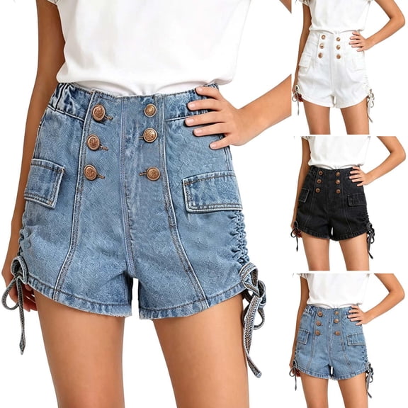 Teylalorva Girls Denim Shorts, High Rise Trendy Side Drawstring Summer Casual Kids 2026 Jean Shorts Blue Size 8