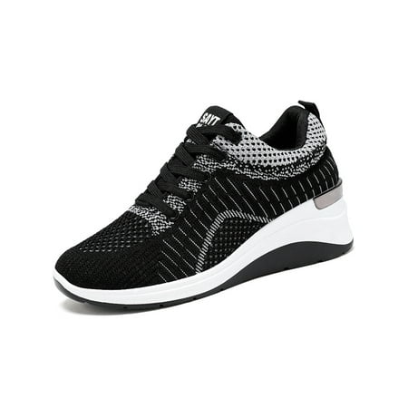 

Lacyhop Women Athletic Shoes Low Top Walking Shoe Lace Up Wedge Sneakers Womens Non Slip Trainers Fashion Casual Black 5