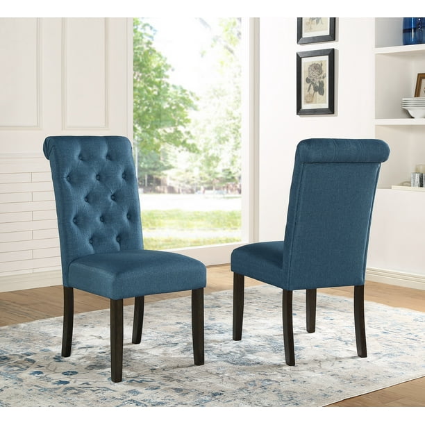 Roundhill Leviton Solid Wood Tufted, Blue Solid Wood Dining Chairs
